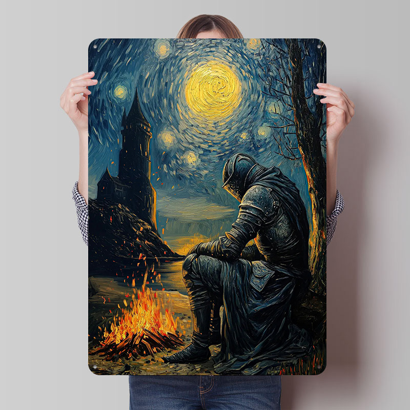Knight By The Bonfire Tin Plaq - Retro Knight Gaming review and price
