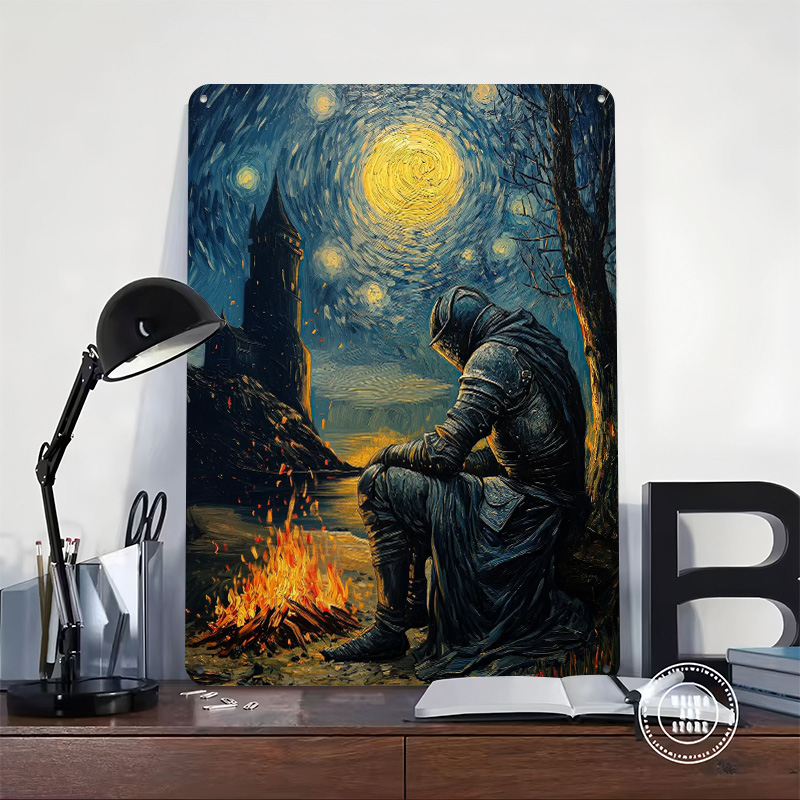 Knight By The Bonfire Tin Plaq - Retro Knight Gaming review and price